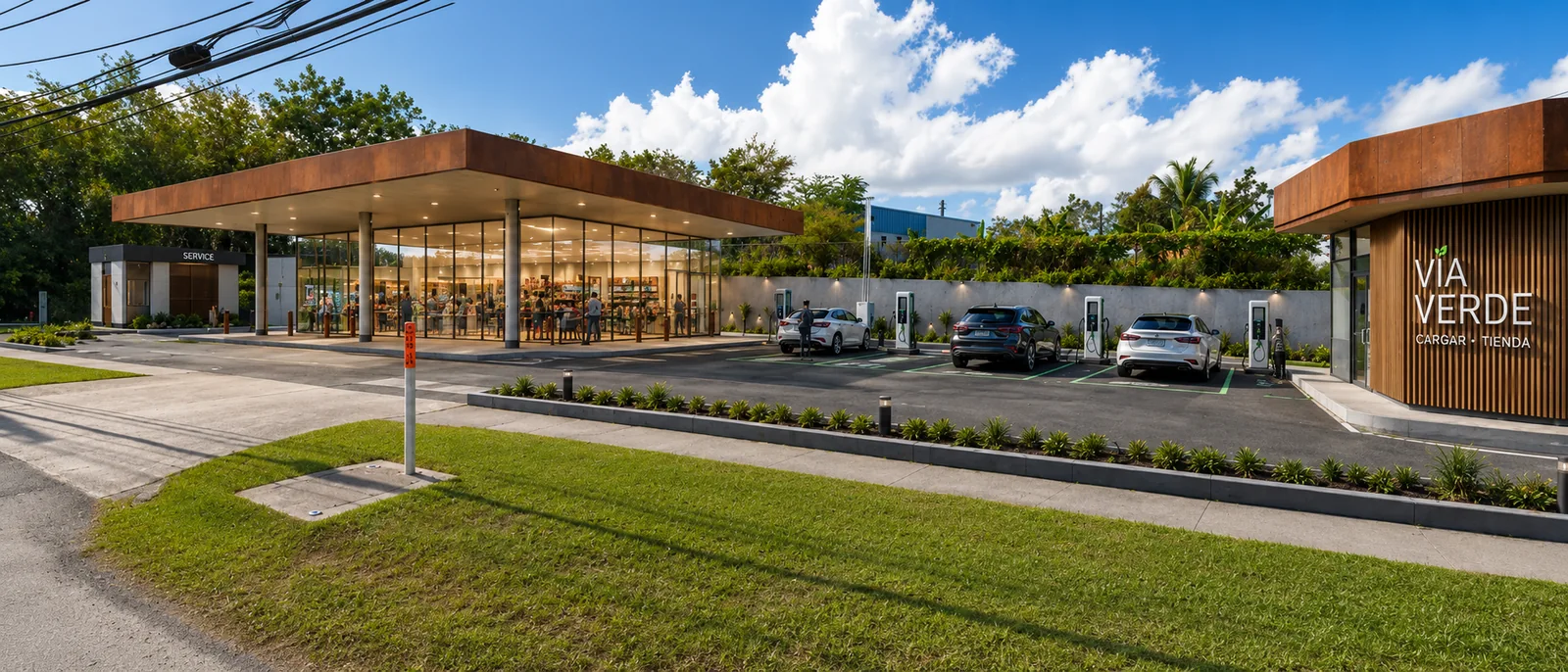 Via Verde Cargar + Tienda concept for an underused former gas station in Carolina, Puerto Rico
